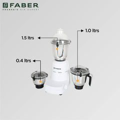 Faber Vogue 600W Blender Mixer Grinder, 3 SS Clip Lock Jars and Blades || Low-Noise Copper Motor, up to 19000 RPM Speed 