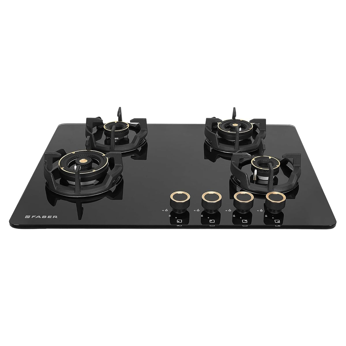 Faber 70Cm 4 Burner Hybrid Hob/Cooktop|Auto Ignition|Brass Burner|Cast Iron Pan Support|Glass Matt Finish|Metal Knob|1 Y