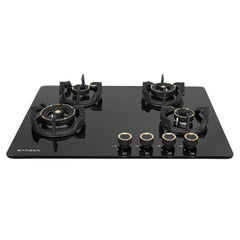 Faber 70Cm 4 Burner Hybrid Hob/Cooktop|Auto Ignition|Brass Burner|Cast Iron Pan Support|Glass Matt Finish|Metal Knob|1 Y