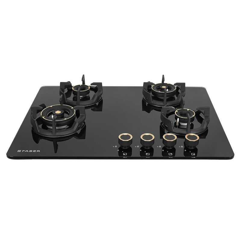 Faber 70Cm 4 Burner Hybrid Hob/Cooktop|Auto Ignition|Brass Burner|Cast Iron Pan Support|Glass Matt Finish|Metal Knob|1 Y