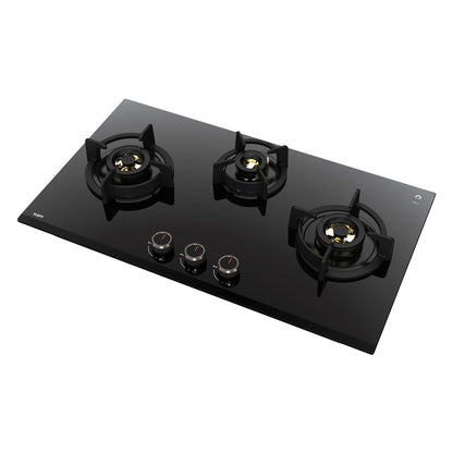 KAFF ASHFORD | Built-in Hob/Hobtop 3 Burners, 78 CM | Auto Ignition | Full Brass Burners with all Flame Failure Device, 8 MM Thick Toughened Glass | Black | ASF783