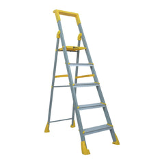 BonKaso Climb Lite Pro+ 6 Step - Foldable Ladder with Tool Tray (125W x 185H Cm)| Heavy-Duty, Anti-Slip & Firm Grip, Load Capacity Upto 120kg | Durable & Portable (Aluminium Steps, Yellow & Satin)
