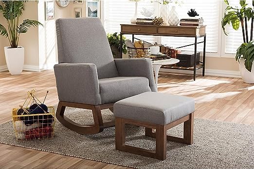 Mid Century Retro Modern Fabric Upholstered Ottoman Stool, Natural Finish Base Grey Cushion