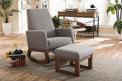 Mid Century Retro Modern Fabric Upholstered Ottoman Stool, Natural Finish Base Grey Cushion