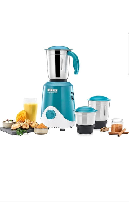 USHA Speed Master 500W with 3 Jars, 100% Copper Motor, 4-fin techno blades for finer grinding, SS Jars with flow breakers, 20000+ RPM, 5 Years Warranty on Motor (Blue and White)