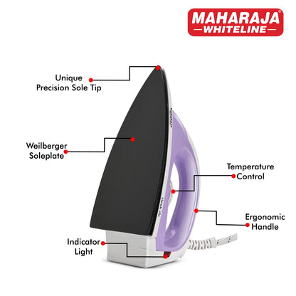 Maharaja Whiteline Plastic Sleek Dlx Dry Iron, 1000W (Pastel Violet & White), 1000 Watts