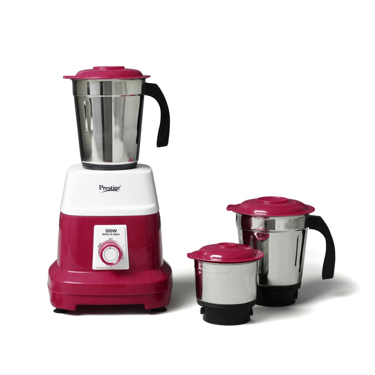 Prestige 500W Nexus Mixer Grinder with 3 Stainless Steel jars|1200ml Wet Jar,800ml dry jar, 400ml chutney jar|3 Super-efficient Blades|3 motor setting|Sturdy Handles |2 Yrs Warranty|White & Rose Gold