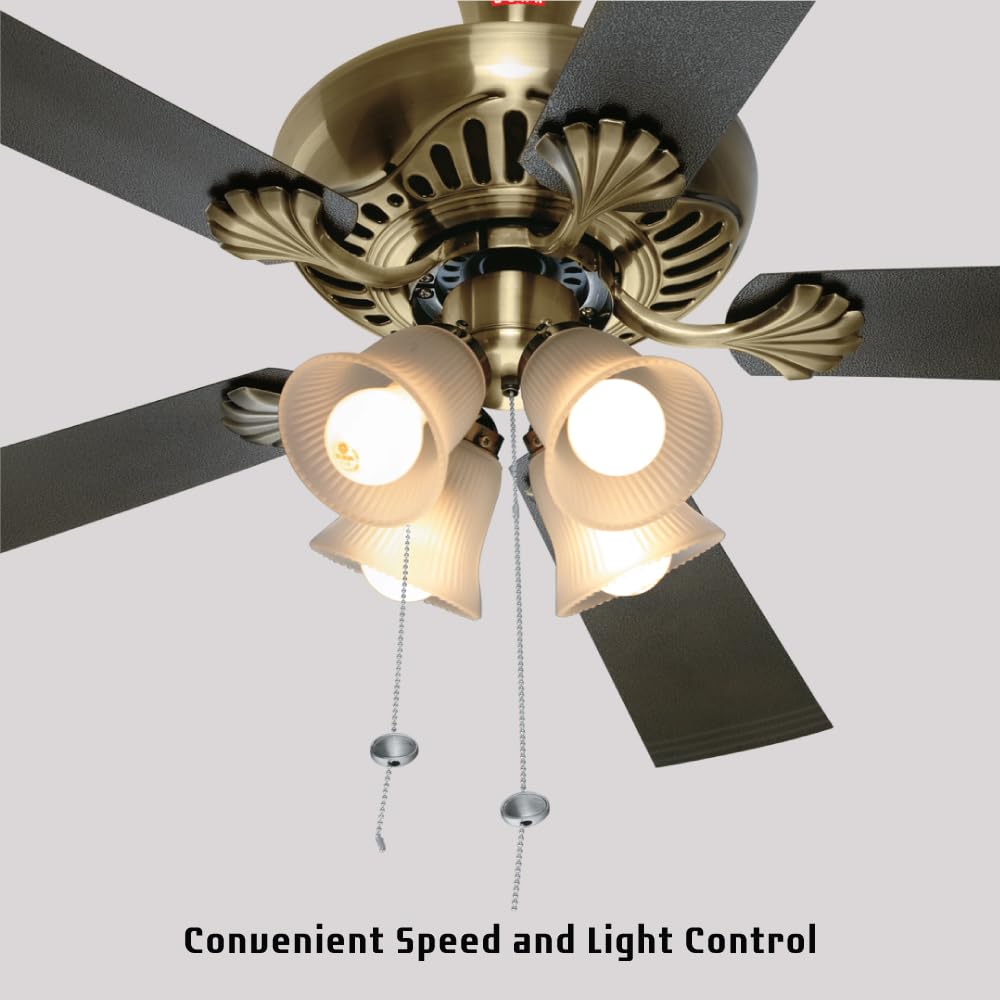 USHA Fontana Maple 1250mm ISI Ceiling Fan with Decorative Lights,BEE Star Rated,100% Copper Motor,RF Remote,High Air Speed & Delivery,2 Year Warranty,(Antique Brass Black) Pack of 1,Free Installation