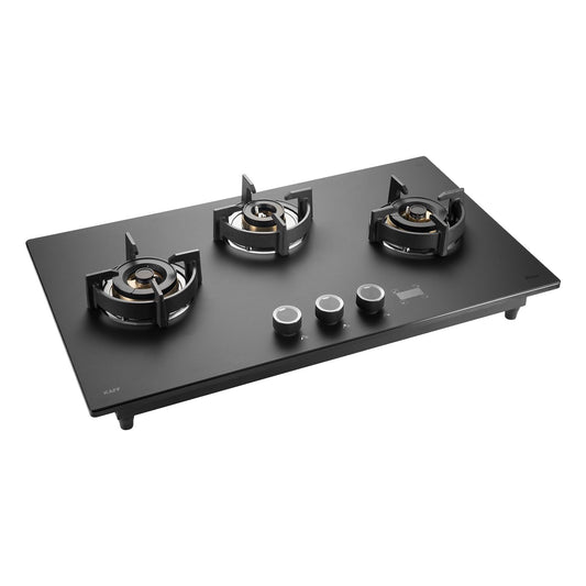 KAFF PRESTON PRS 783 Built-in Hob/Hobtop 3 Burners with Digital Timer, Auto Electric Ignition Glass Top, 78 CM, Full Brass Burners with Flame Failure Device, Metal Knobs (Black)