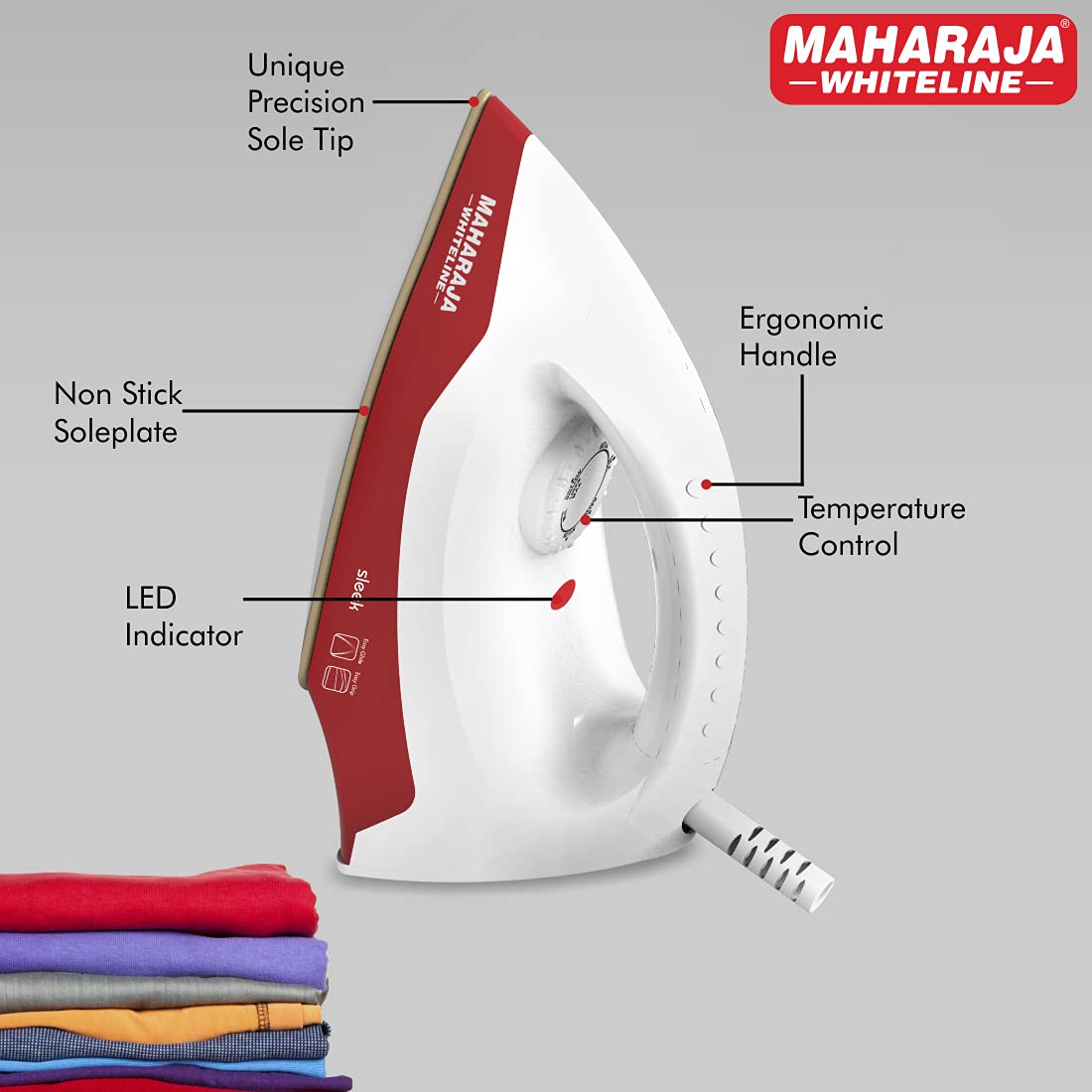 Maharaja Whiteline Sleek Plus Dry Iron, 1000 Watt, White and Red (DI-128)