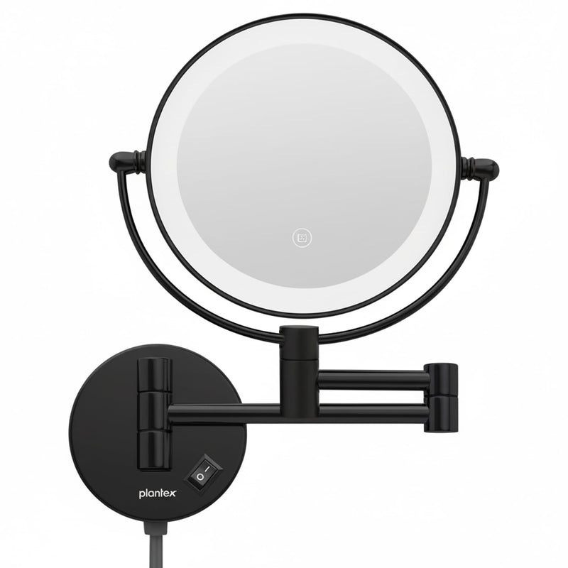 Plantex Brass and 304 Stainless-Steel Magnifying Mirror with LED/Wall Mount Makeup Mirror with Light/Zoom Mirror- 5x/1x Magnification (8 Inch-Black)-1