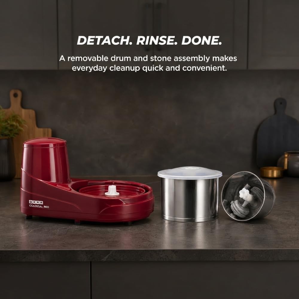 USHA Colossal Neo 2 litres Table-Top Wet Grinder, 150W 100% Copper Motor, Dual Stones, Stainless Steel Drum, 10 Years Warranty on Motor, Free Home Service (Cherry Red)