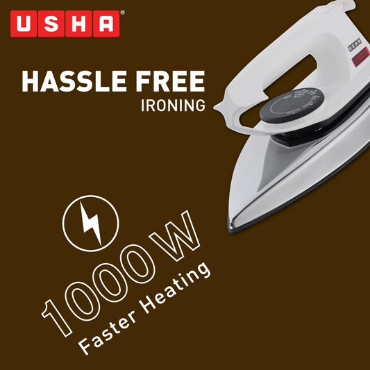 Usha 2802 1000Watt Dry Iron with Metal Body | Single Coat Black Non Stick Soleplate for longer durability | Thermal Safety Fuse | 180° Swivel Cord | 2 Years Warranty | (White)