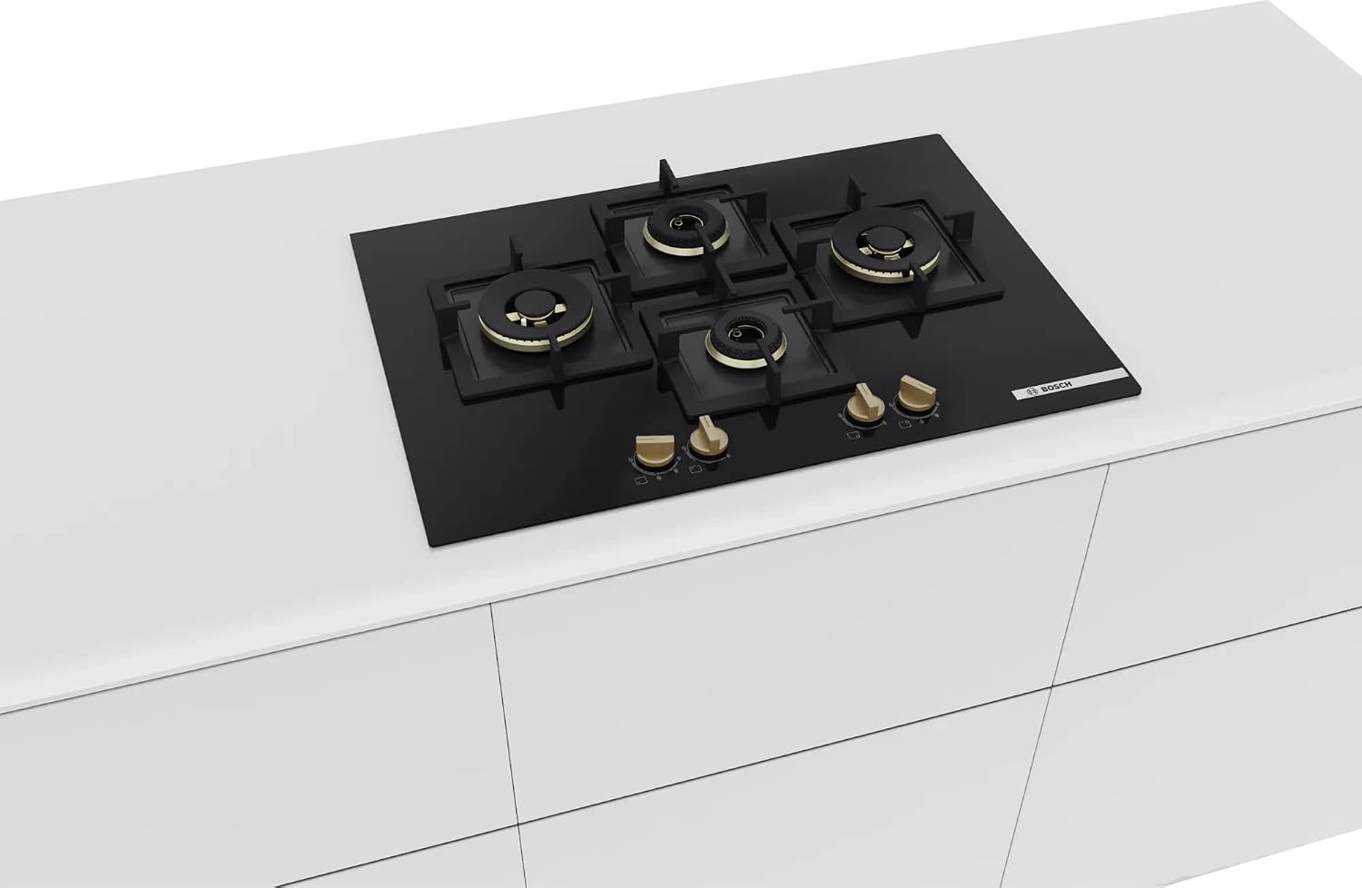 Bosch Built in Gas Hob Black Tempered glass Glass 4 Burner Auto Ignition 75 cm Full Brass 3D Ring Burners with Matt Black Heat Shields & Cast Iron pan supports (PNI7B6G20I)
