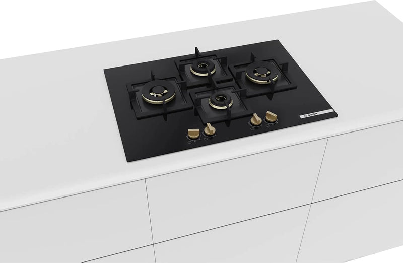 Bosch Built in Gas Hob Black Tempered glass Glass 4 Burner Auto Ignition 75 cm Full Brass 3D Ring Burners with Matt Black Heat Shields & Cast Iron pan supports (PNI7B6G20I)