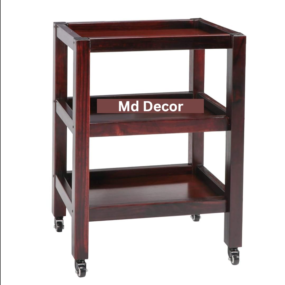 Elegant Wooden 3-Tier Rolling Cart – Large Mahogany Polished Trolley with Wheels for Home and Kitchen – Versati