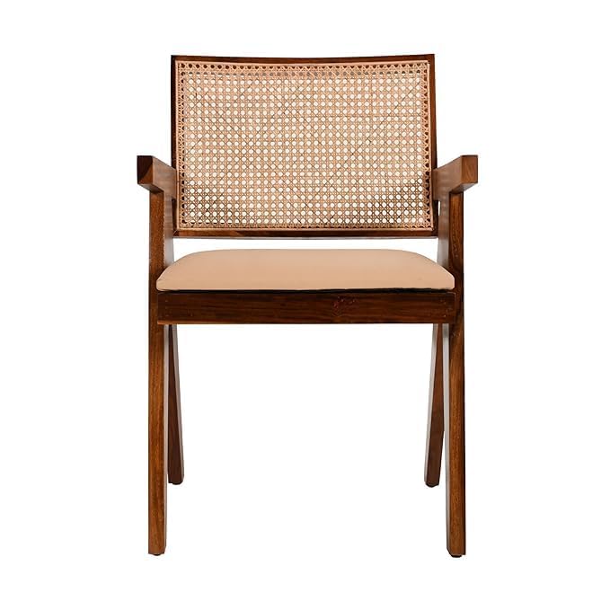 Sheesham Wood Arm Chair with Cane Backrest and Cushioned Seat for Living Room, Bedroom & Office – Natural Finis