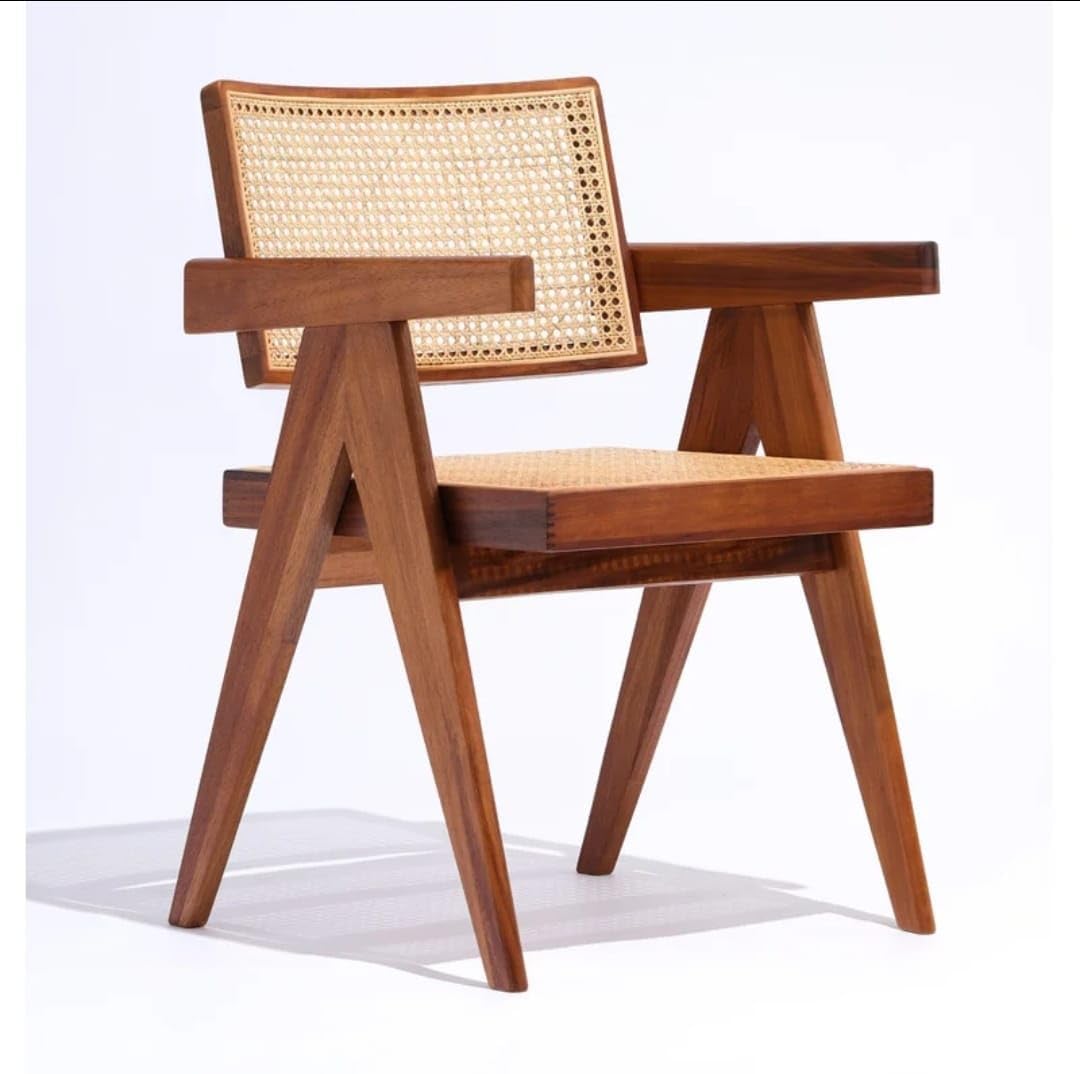 Sheesham Wood Cane Chair for Living Room | Mid-Century Accent Armchair with Handwoven Rattan Back & Seat | Wood
