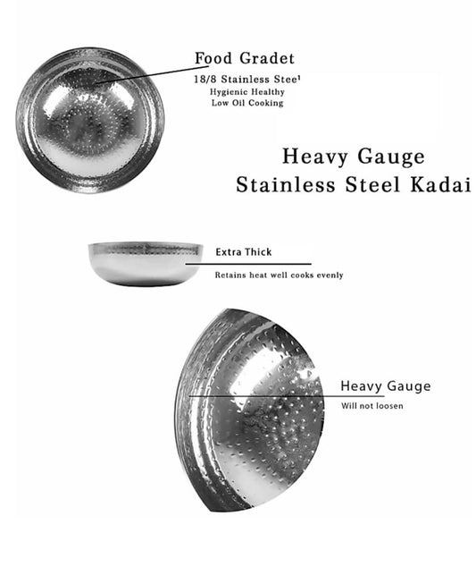 Dynore Stainless Steel Hammered Kadhai/Heavy Bottom Cookware/Kadhai/Kadhai for Kitchen/Utensils for Cooking, Deep Frying Without Handle 2000 ml Dia 22 cm