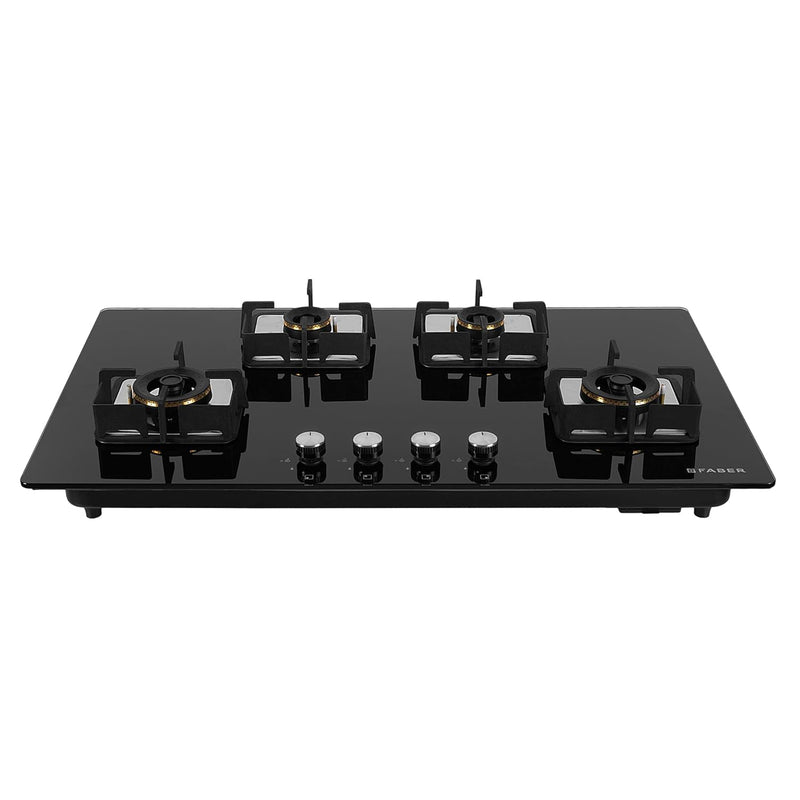 Faber 4 Burner HCT 90 cm Hob| Brass Burners| Bakelite Knobs| Cast Iron Pan Support| Hob/Cooktop Hybrid| Toughened Glass 