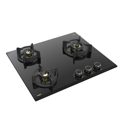 KAFF | ASHFORD Built-in Hob | 3 Burners Auto Electric Ignition 60 CM, Full Brass Burners with Flame Failure Device | 8 MM Thick Toughened Glass Black | ASF 603