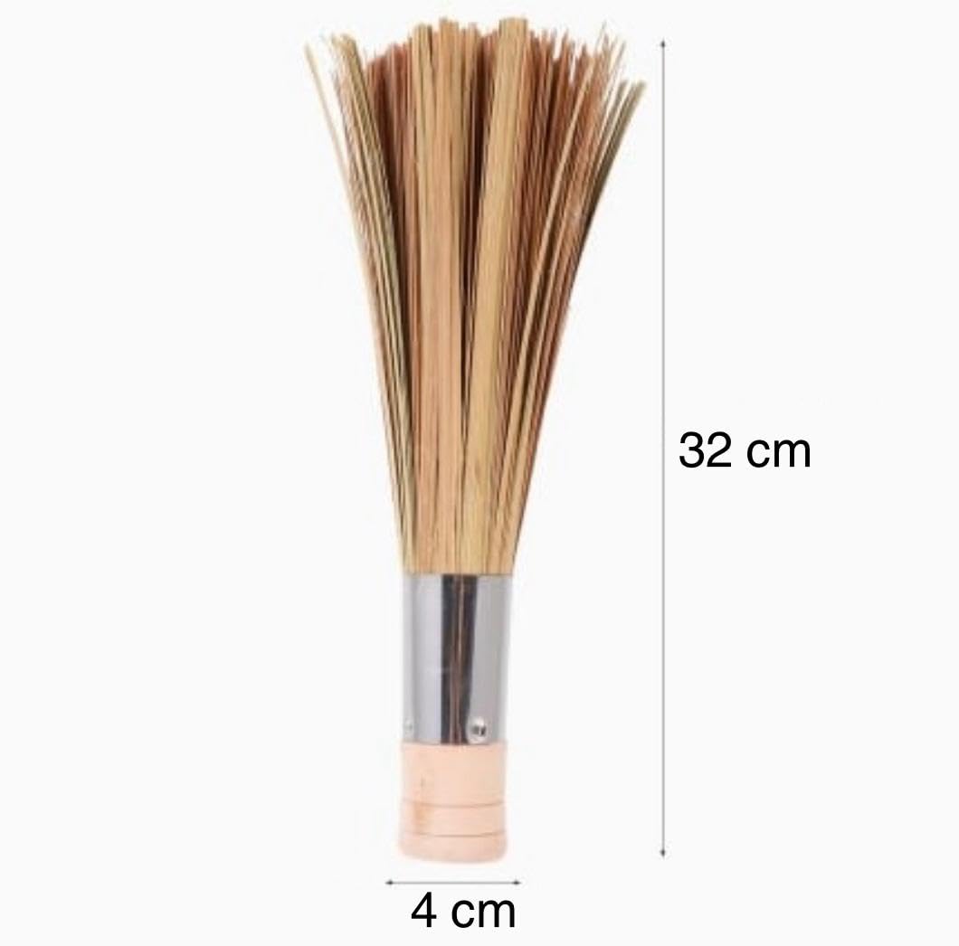 Shoppers Hub PNQ Bamboo Wood Based 32Cm Long Hygienic Cleaning Chinese Broom with SS Handle for Ideal Heavy Duty Floor Cleaning Use of Woks, Dosa Bhatties, Stoves in Hotels, Cafes, Restaurants.,Brown