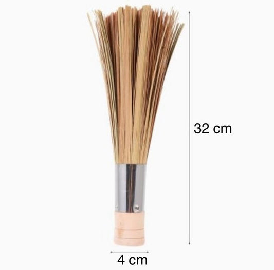 Shoppers Hub PNQ Bamboo Wood Based 32Cm Long Hygienic Cleaning Chinese Broom with SS Handle for Ideal Heavy Duty Floor Cleaning Use of Woks, Dosa Bhatties, Stoves in Hotels, Cafes, Restaurants.,Brown