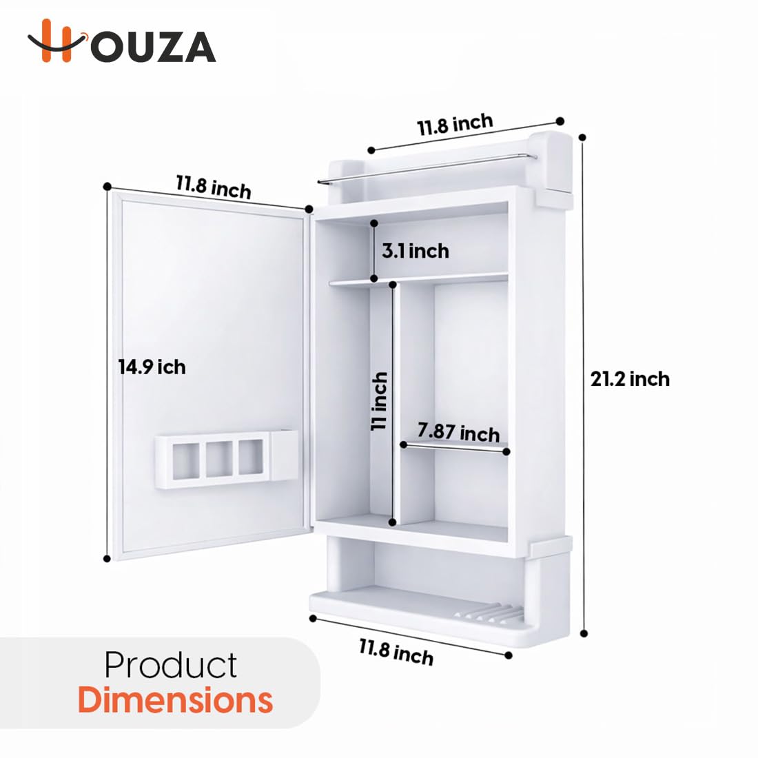 HOUZA Premium Look Plastic Wall Mounted Bathroom Mirror Cabinet with Storage | Waterproof Storage Organizer with Shelves | Bathroom Accessories (White)