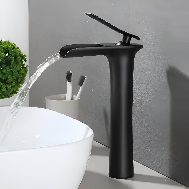 Plantex Designer Pure Brass High Neck Pillar Water Tap for Wash Basin/Single Handle Hot & Cold Basin Mixer (Black)