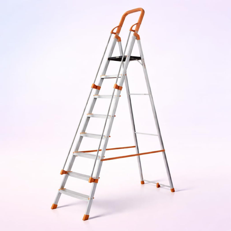 HOUZA Aluminium Ladder for Home 4 Steps Foldable with Railing & Anti-Skid Wide Steps | Multi-Purpose Heavy Duty Ladder, Kitchen & Household | 250 Kg Load Capacity | 5 Year Warranty (Orange)