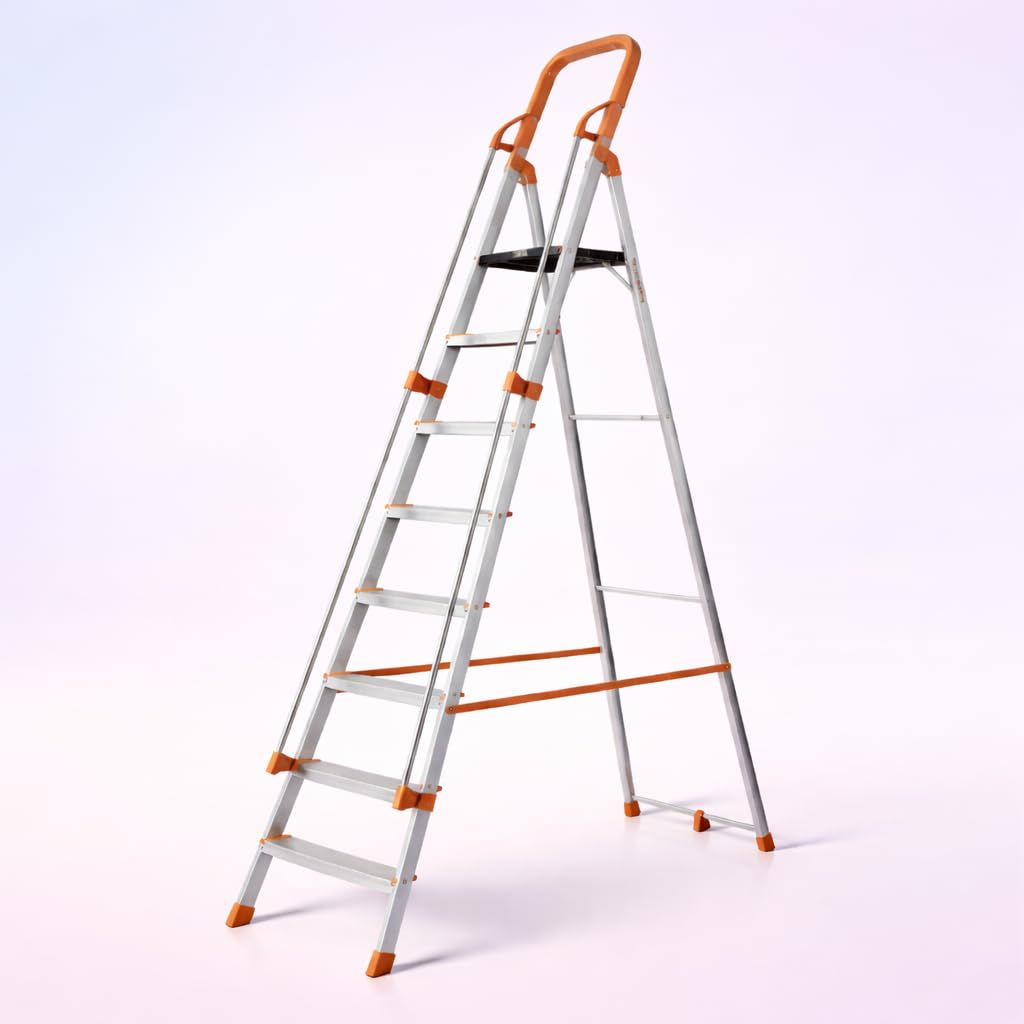 HOUZA Aluminium Ladder for Home 4 Steps Foldable with Anti-Skid Wide Steps | Multi-Purpose Heavy Duty Ladder, Kitchen & Household | 250 Kg Load Capacity | 5 Year Warranty (Orange)