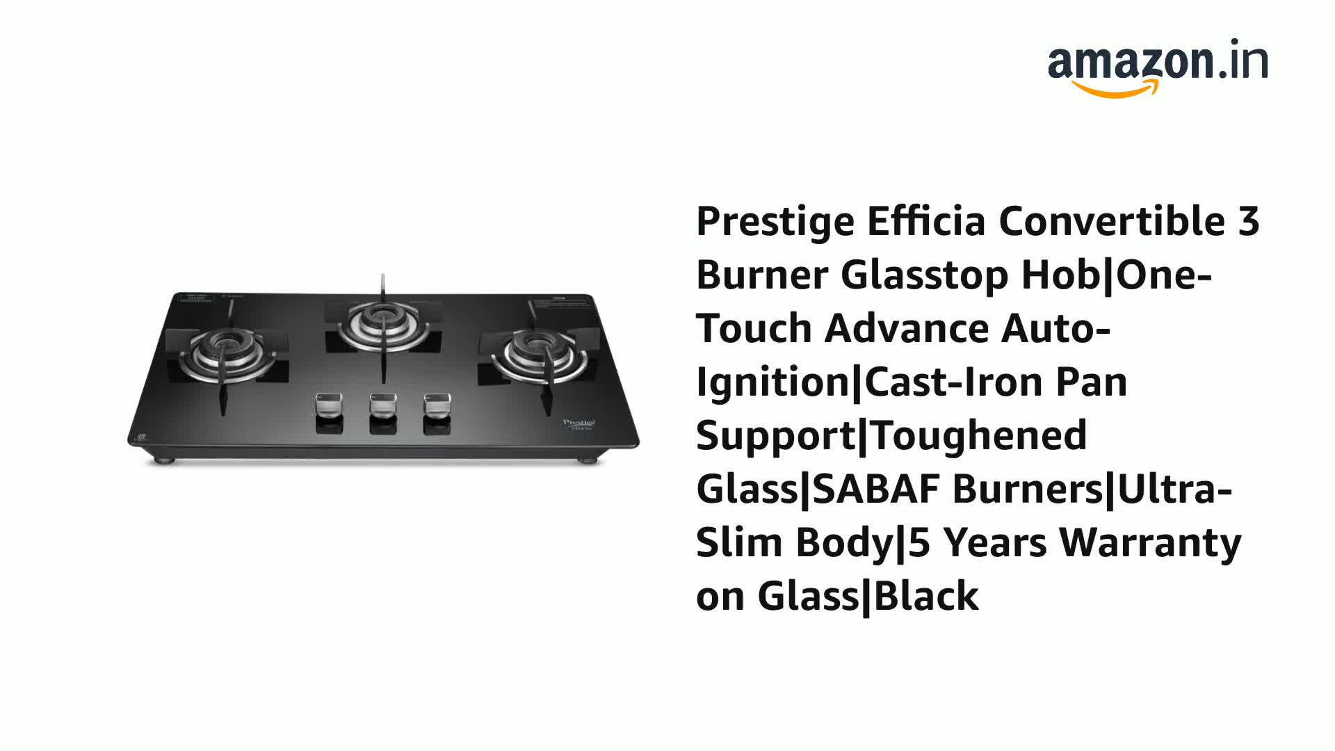 Prestige Efficia Convertible 3 Burner Glasstop Hob|One-Touch Advance Auto-Ignition|Cast-Iron Pan Support|Toughened Glass|SABAF Burners|Ultra-Slim Body|5 Years Warranty on Glass|Black