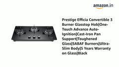 Prestige Efficia Convertible 3 Burner Glasstop Hob|One-Touch Advance Auto-Ignition|Cast-Iron Pan Support|Toughened Glass|SABAF Burners|Ultra-Slim Body|5 Years Warranty on Glass|Black