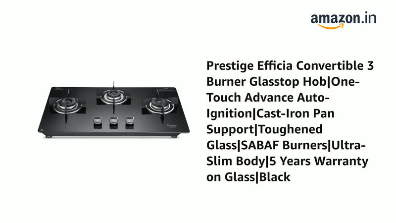 Prestige Efficia Convertible 3 Burner Glasstop Hob|One-Touch Advance Auto-Ignition|Cast-Iron Pan Support|Toughened Glass|SABAF Burners|Ultra-Slim Body|5 Years Warranty on Glass|Black