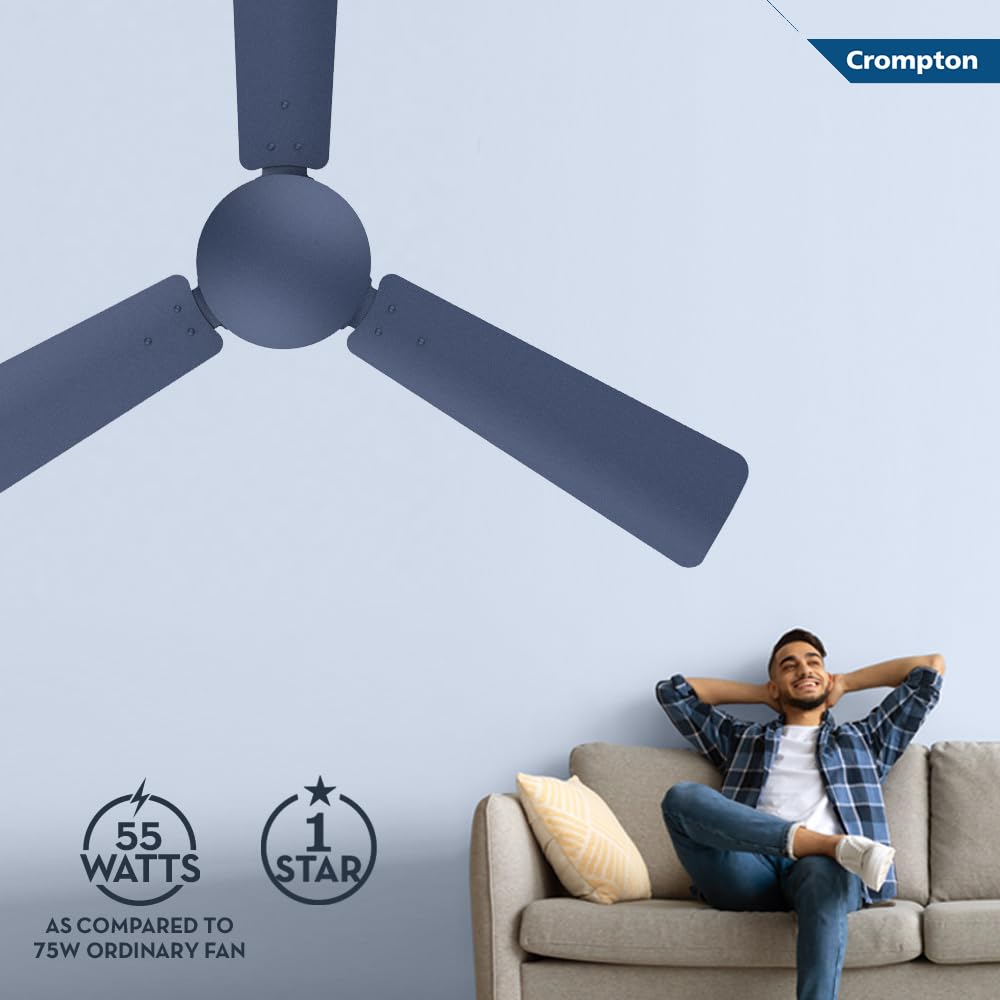 Crompton Jura Prime 1200 mm Decorative Ceiling Fan | BEE Star Rated Energy Efficient | High Speed | Anti-Dust | Active Power Technology | 2 Year Manufacturer Warranty | Denim Blue