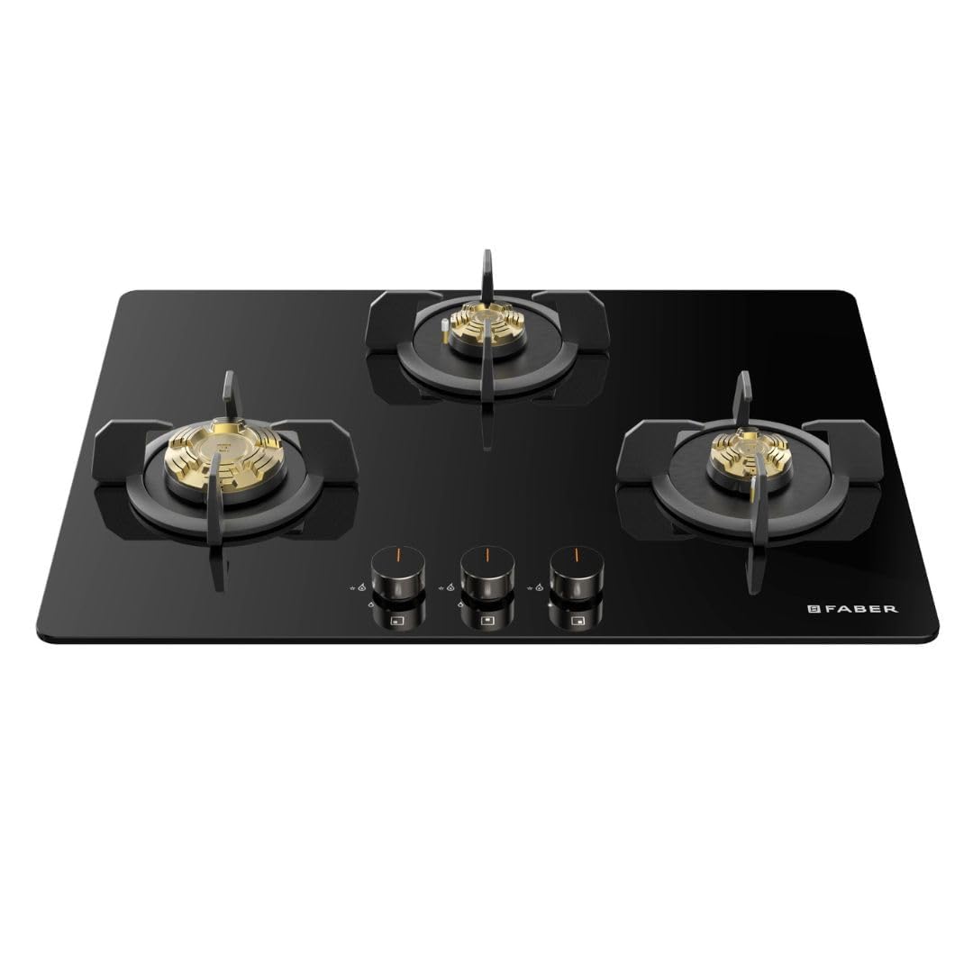 Faber 3 Burner 70cm Hobtop|Auto-Ignition|Metal Knobs|Cast Iron Pan Support |Hob/Cooktop Hybrid| Black Glass Finish|5Yr W