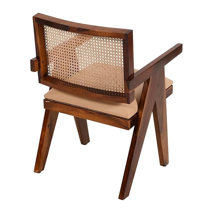 Sheesham Wood Cane Chair for Living Room | Mid-Century Accent Armchair with Handwoven Rattan Back & Seat | Wood