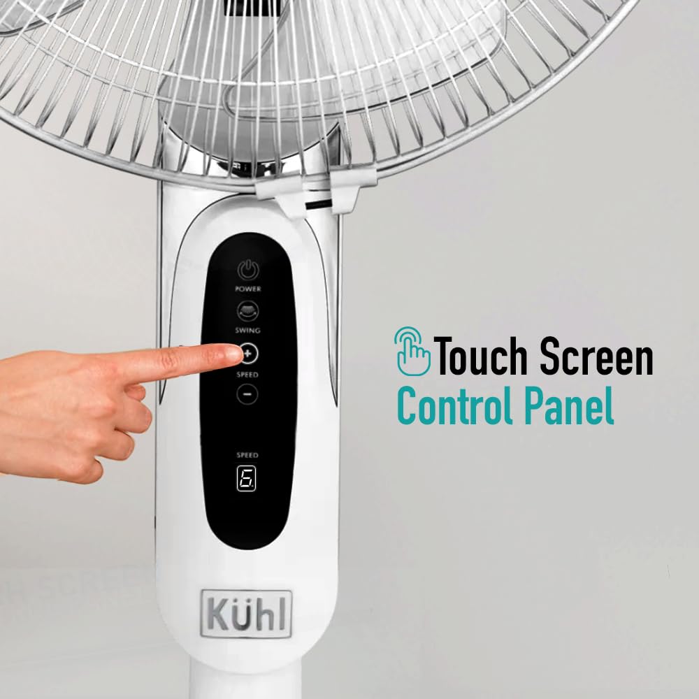 KUHL Inspira P1 | 400mm | BLDC Pedestal Fan with Remote | 5 wings | Touch Screen Control Panel | Height Adjustment | Tilt Mechanism, Swivel Function | Low Noise | White