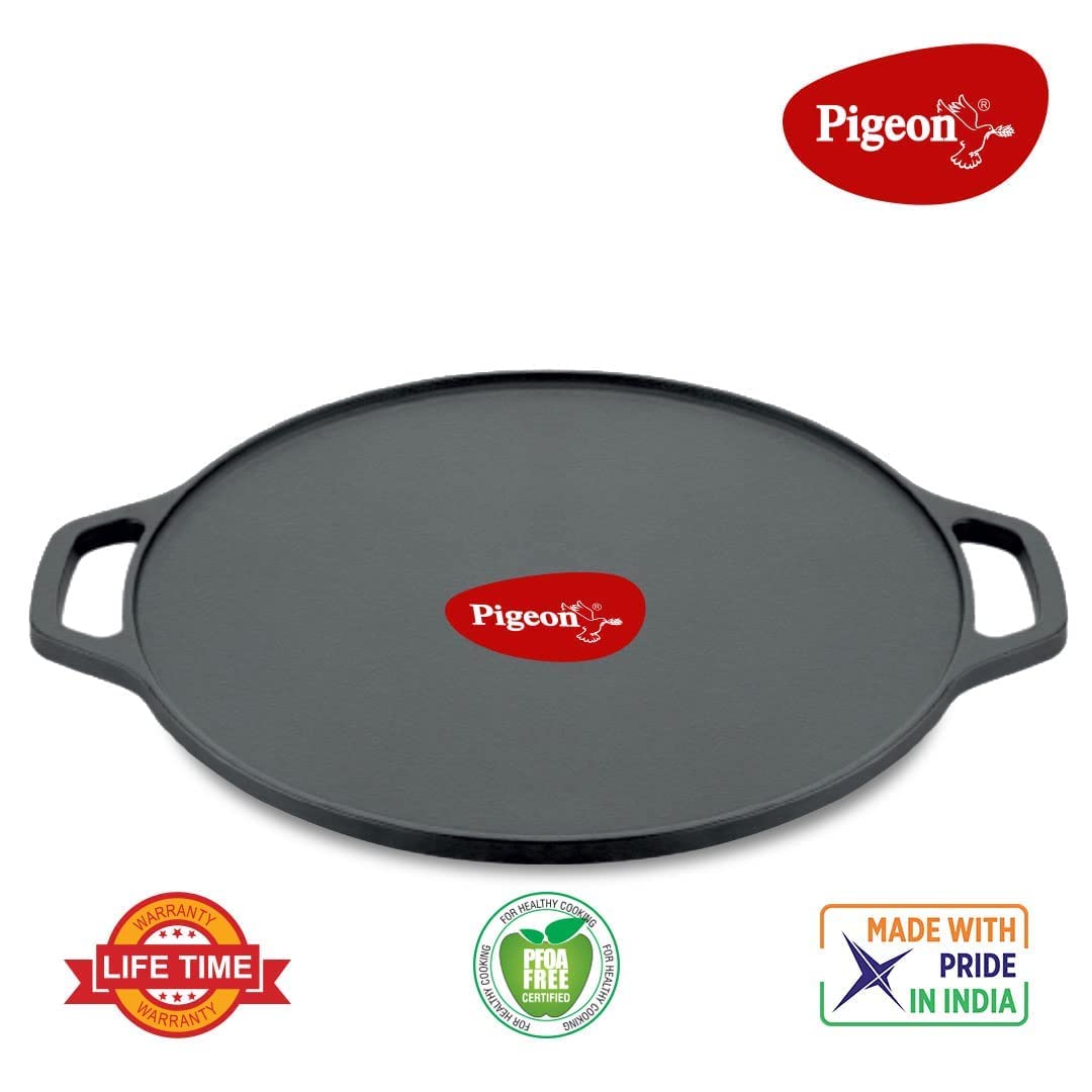 Pigeon Long Lasting Cast Iron Flat Tawa, Naturally Non-Stick, Even Heat Distribution and Retains Heat for Long That Comp