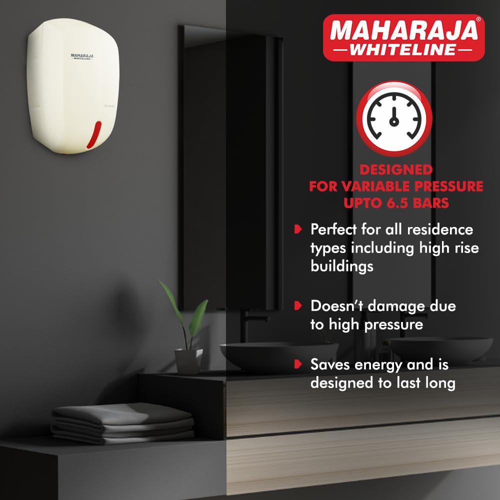 Maharaja Whiteline Ez Heat Instant Wall Water Heater 3 Ltr With Long Lasting Efficiency, 3000W, Rust Proof Body|High Grade Ss Tank|6.5 Bars (Warranty Of 2 Years On Product & 5 Years On Tank)