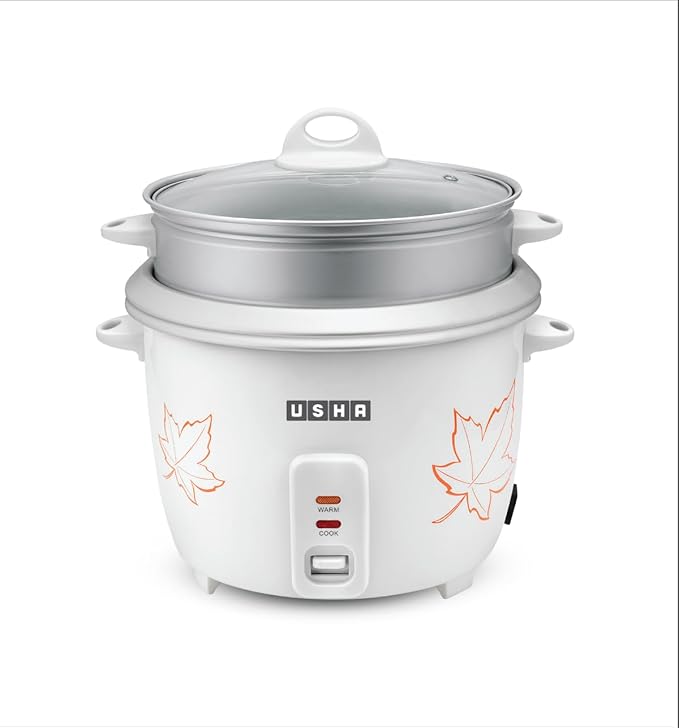 USHA RC18GS2 Steamer 700 Watt Automatic Rice Cooker 1.8 Litres with Powerful Heating Element, Keep Rice Warm for 5 Hrs, 2 Cooking Pans, Steamer, Trivet Plate &amp; more accessories, 5 Yrs Warranty (White)