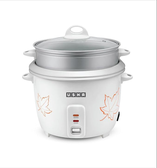 USHA RC18GS2 Steamer 700 Watt Automatic Rice Cooker 1.8 Litres with Powerful Heating Element, Keep Rice Warm for 5 Hrs, 2 Cooking Pans, Steamer, Trivet Plate &amp; more accessories, 5 Yrs Warranty (White)