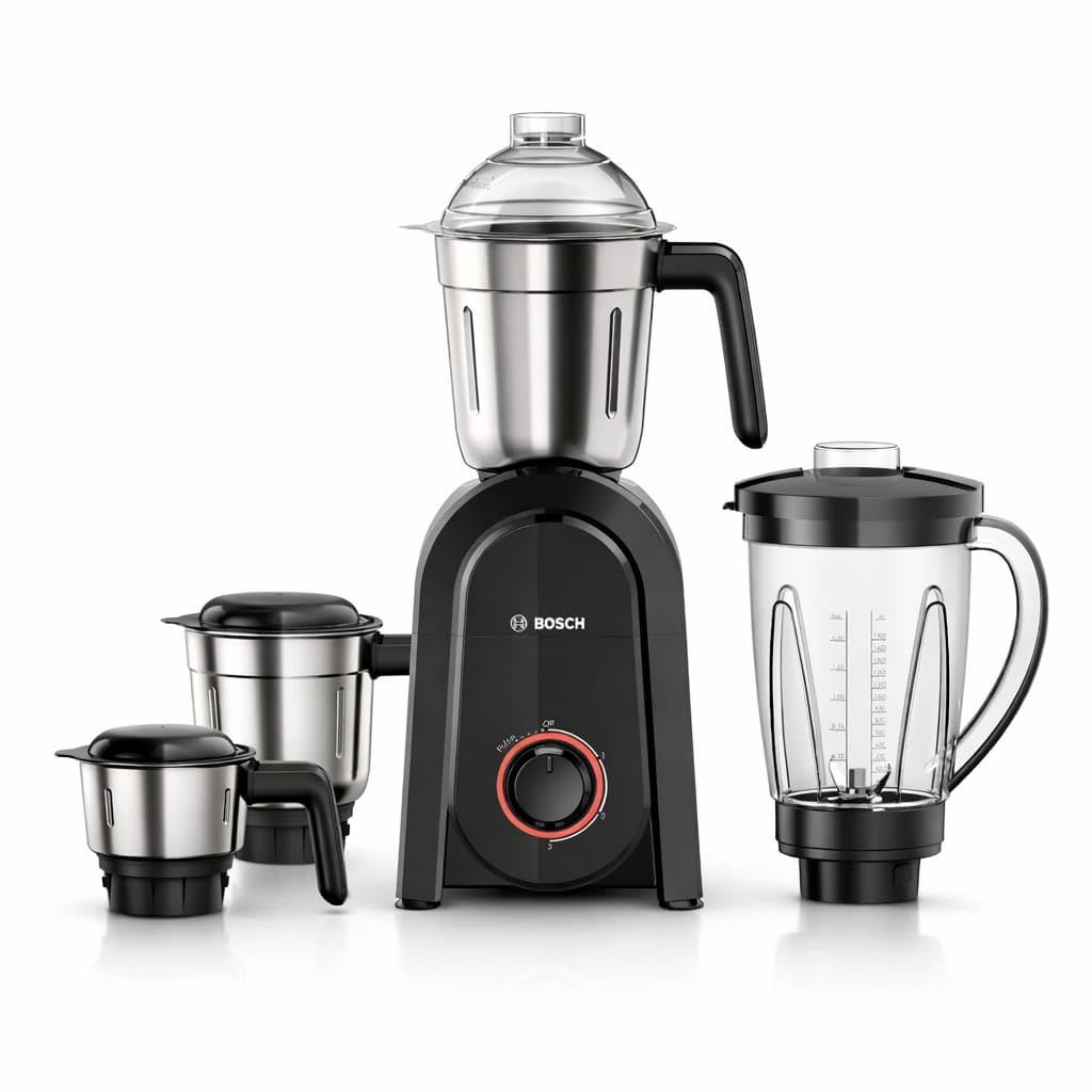 Bosch CosMixx Pro 1000W Mixer Grinder | German Engineering for Powerful & Ultra Fine Grinding | 4 Leak Proof Jars including Blender Jar | 22000 RPM Heavy Duty Motor | Overload Protection 【MG8714C4KI】