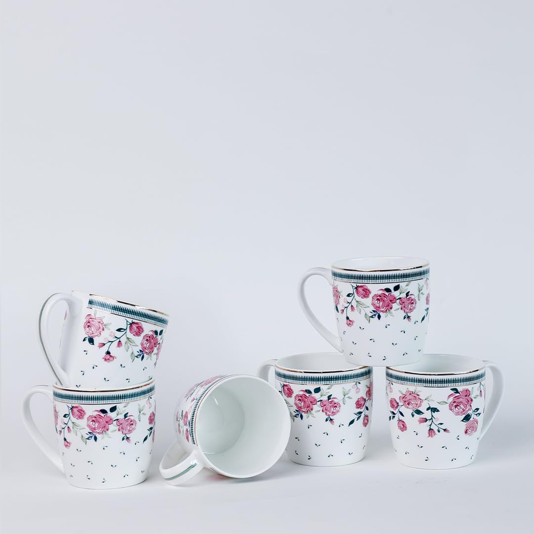 Magique by The Wishing Chair x ClayCraft : Portrait of a Rose Ceramic Chai Mugs - Set of 6 | 180 ml | Elegant Design Mugs for Coffee | Ideal for Gifting | Perfect for Home & Office