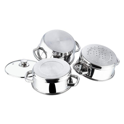 Vinod Stainless Steel 3-Tier Steamer – 20 cm | Momo & Modak Maker | Vegetable Steamer with Glass Lid & Riveted Handles | Induction & Gas Compatible, Silver
