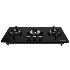 Faber Maxus HT803 CRS BR CI AI Glass, Mild Steel Hob/Hobtop 3 Brass Burner Auto Electric Ignition Glass Top Cooktop (Bla