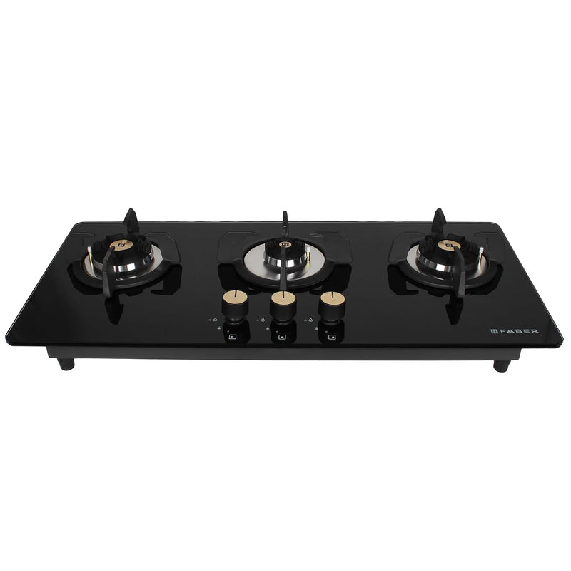 Faber Maxus HT803 CRS BR CI AI Glass, Mild Steel Hob/Hobtop 3 Brass Burner Auto Electric Ignition Glass Top Cooktop (Bla
