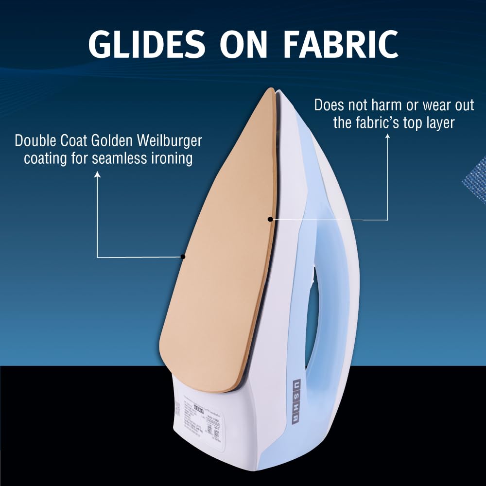 USHA EI 3802 1000W Dry Iron with Double Coat Golden Weilburger Soleplate, 180° Swivel Cord, Easy Fabric Selector & Overheat Protection (Blue/White)