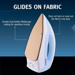 USHA EI 3802 1000W Dry Iron with Double Coat Golden Weilburger Soleplate, 180° Swivel Cord, Easy Fabric Selector & Overheat Protection (Blue/White)