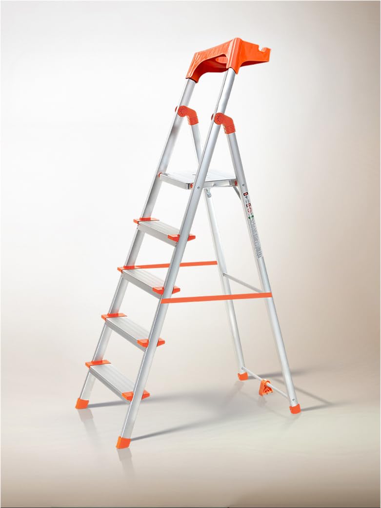 HOUZA Aluminium Ladder for Home 5 Steps Foldable with Railing & Anti-Skid Wide Steps | Multi-Purpose Heavy Duty Ladder, Kitchen & Household | 250 Kg Load Capacity | 5 Year Warranty (Orange)